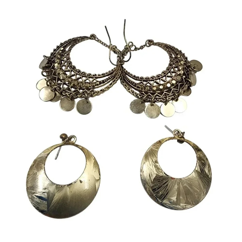 Vintage 60s-70s Textured Filigree Charm Hoop Earrings Set of Two Gold Tone
